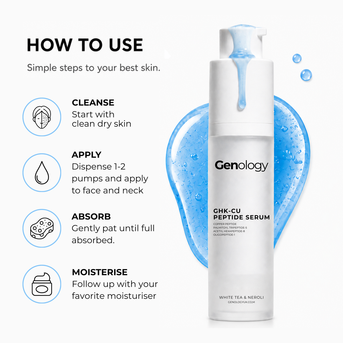 How to use Genology GHK-Cu copper peptide face serum – apply 1–2 pumps to face and neck