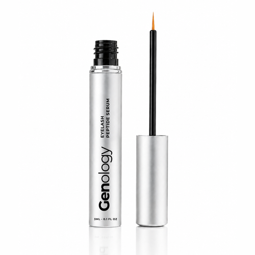 Genology peptide eyelash serum with precision applicator brush in 3ml silver tube