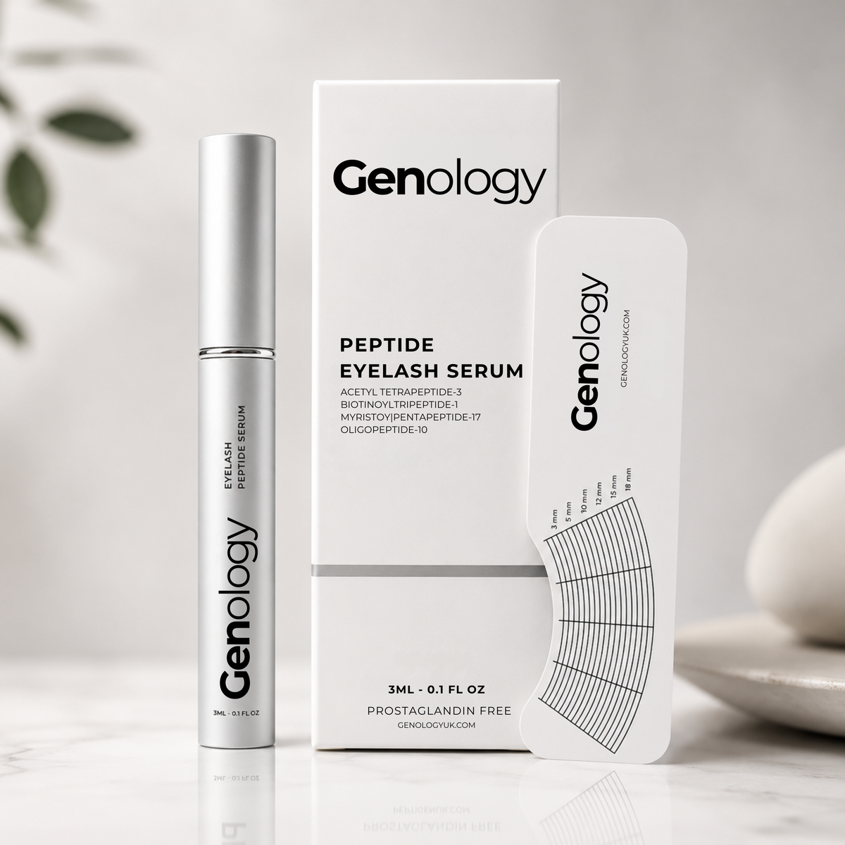 Genology peptide eyelash serum with 3ml tube, packaging and lash measurement card