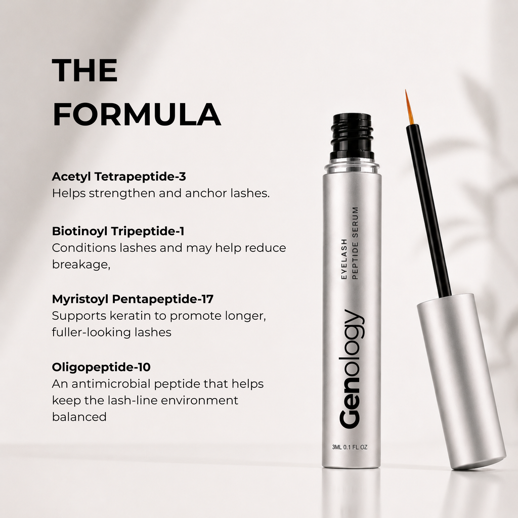 Genology peptide eyelash serum formula with Acetyl Tetrapeptide-3, Biotinoyl Tripeptide-1 and Myristoyl Pentapeptide-17