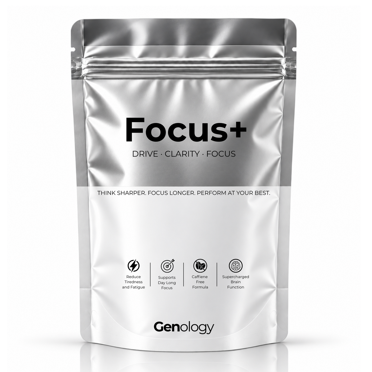 Genology Focus+ cognitive support supplement capsules in silver pouch
