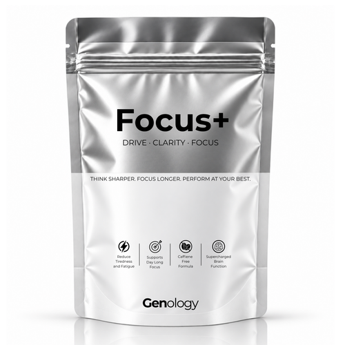 Genology Focus+ cognitive support supplement capsules in silver pouch