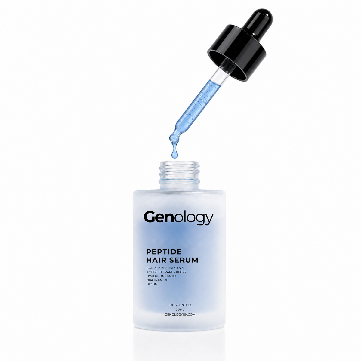 Genology copper peptide hair serum with blue serum dropper and 30ml bottle