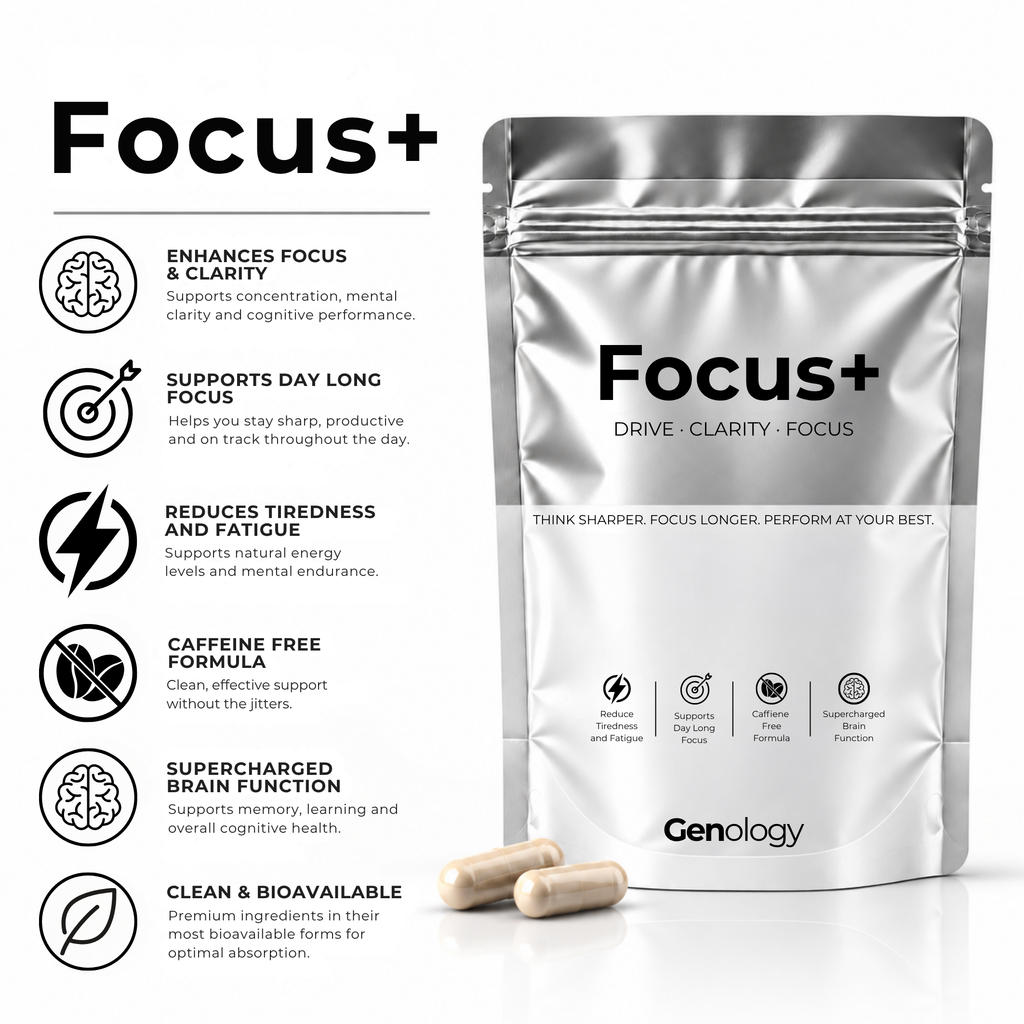 Genology Focus+ cognitive support supplement for focus, clarity and mental performance