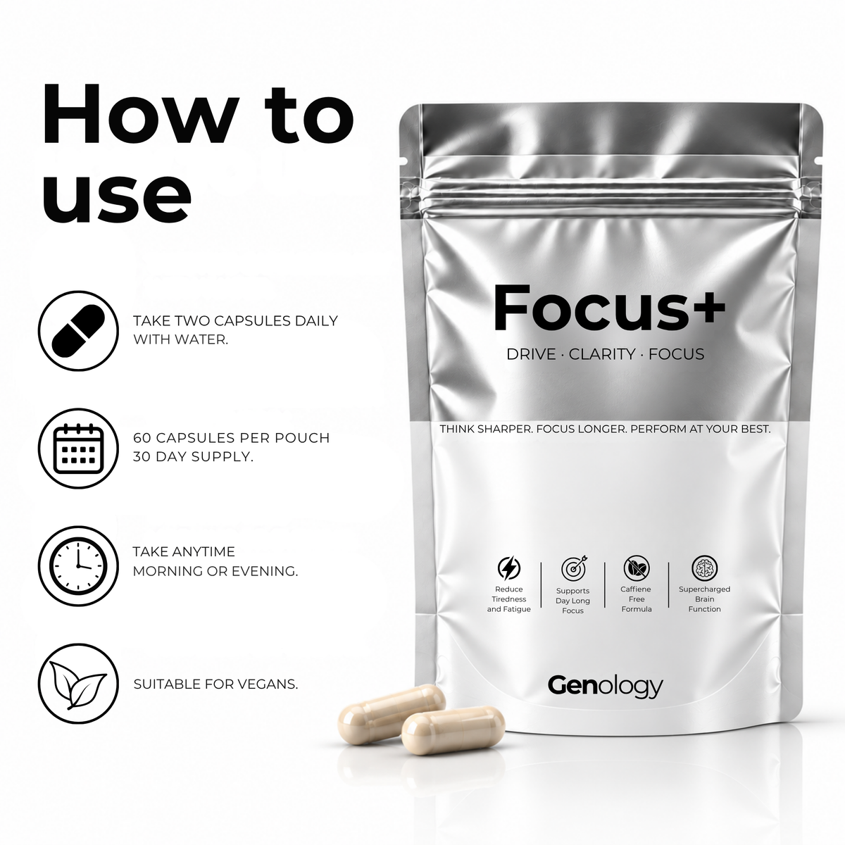 How to use Genology Focus+ cognitive support supplement – two capsules daily