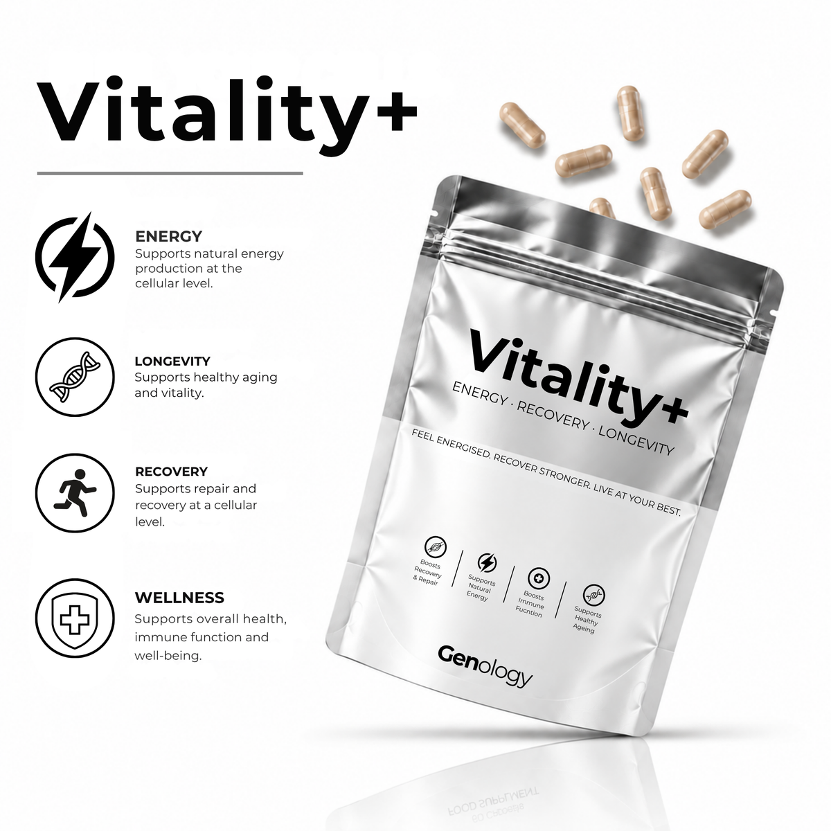 Genology Vitality+ NAD+ and resveratrol supplement for energy, recovery and healthy ageing