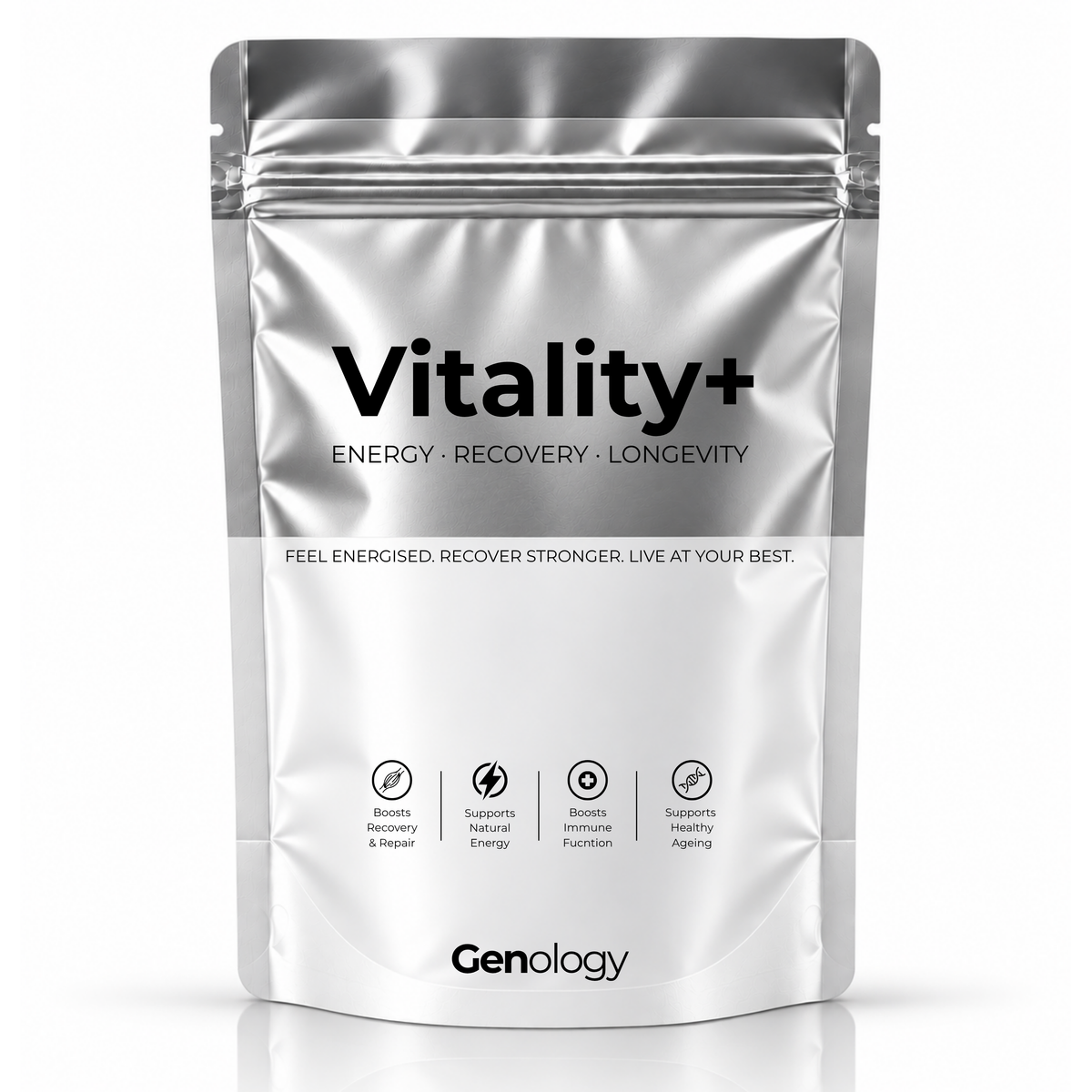 Genology Vitality+ liposomal NAD+ and resveratrol supplement in silver pouch