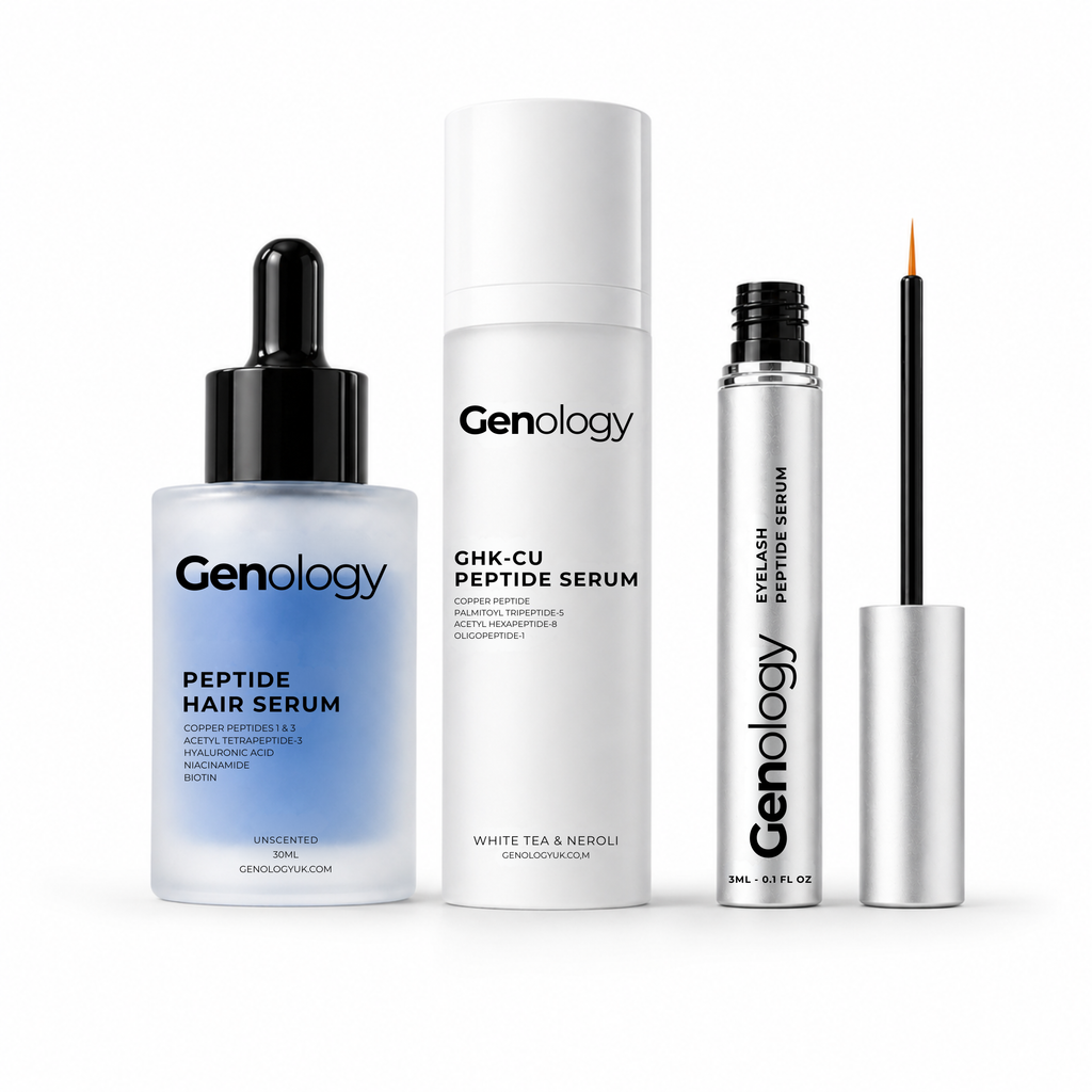 Genology serum bundle with peptide hair serum, GHK-Cu face serum and peptide eyelash serum