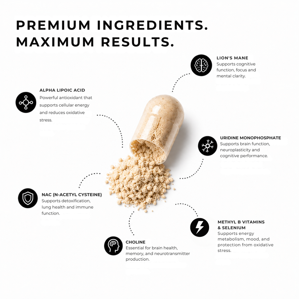 Genology Focus+ ingredients including Lion’s Mane, NAC, choline, alpha lipoic acid and uridine monophosphate