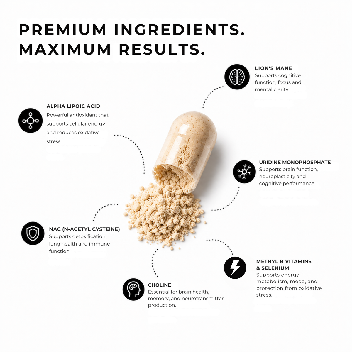 Genology Focus+ ingredients including Lion’s Mane, NAC, choline, alpha lipoic acid and uridine monophosphate