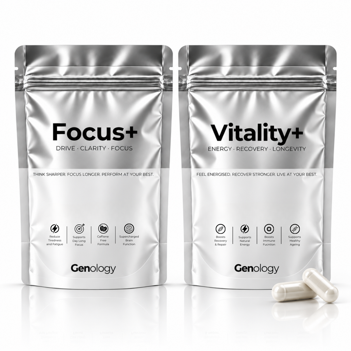 Genology AM Stack with Focus+ cognitive support and Vitality+ liposomal NAD+ supplements